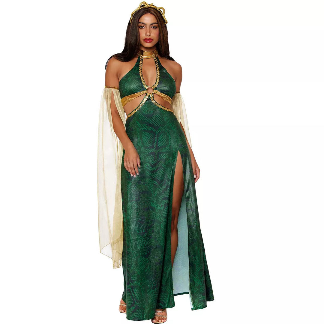 Mistress Medusa Adult Costume with gold snake headpiece and flowing gown