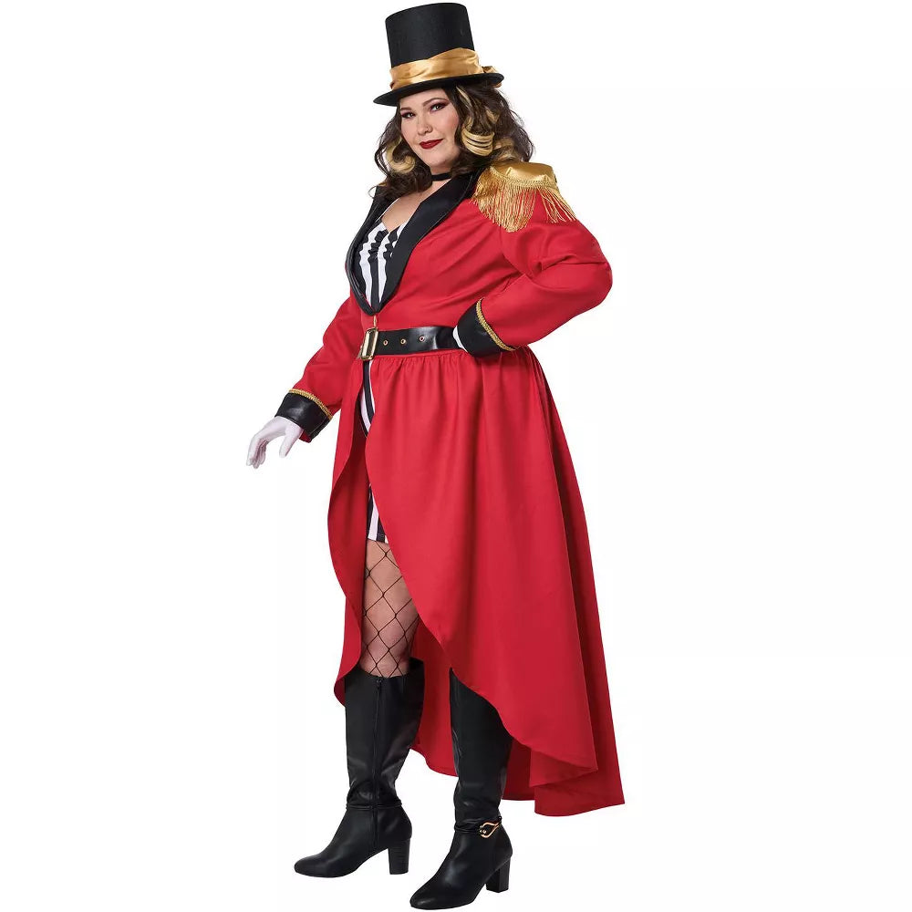 Full body shot of a woman wearing the Ravishing Ringmaster Plus Size Women's Costume