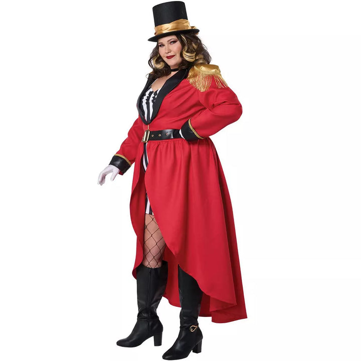 Full body shot of a woman wearing the Ravishing Ringmaster Plus Size Women's Costume