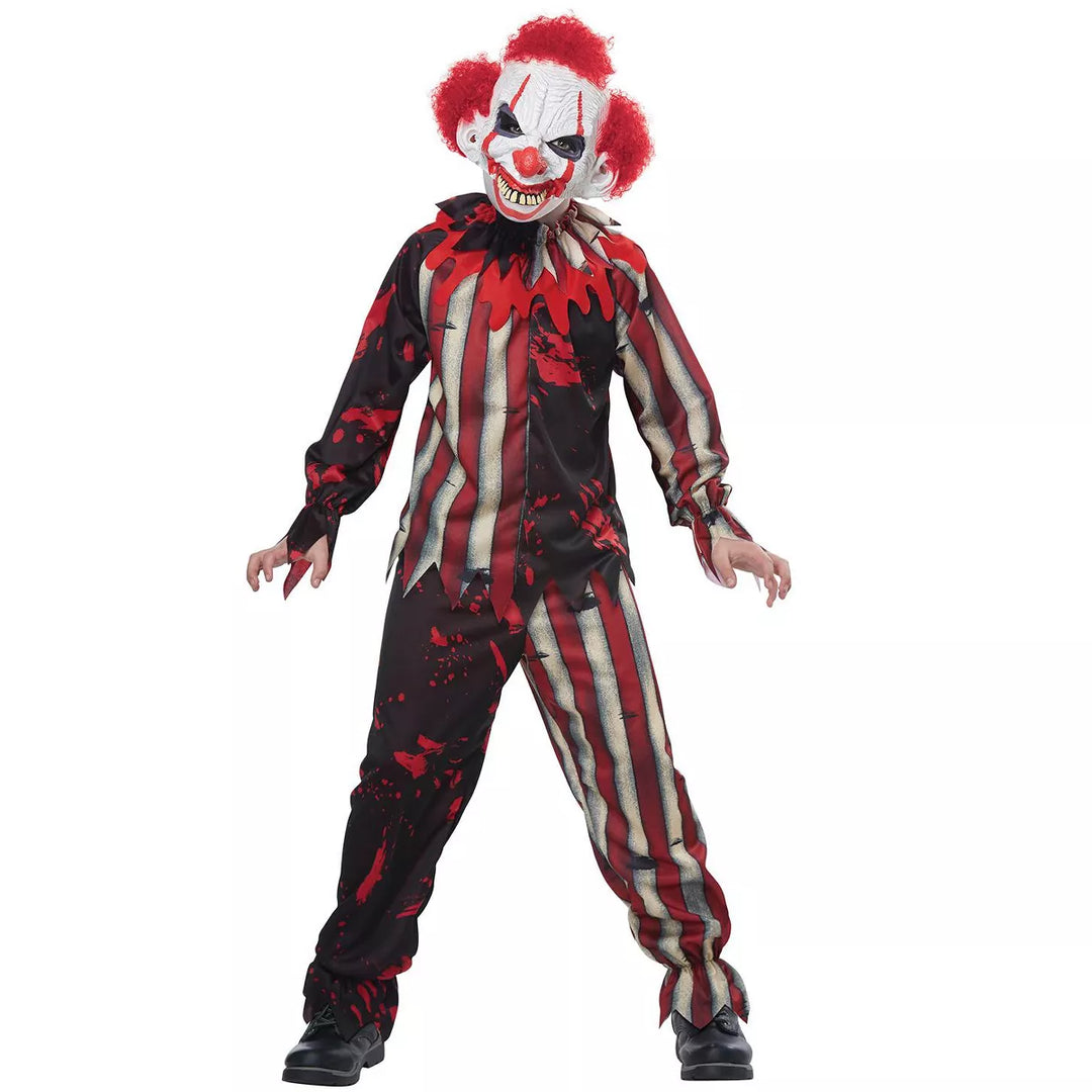 Spooky Killer Carnival Clown Child Costume with Red Nose and Striped Outfit