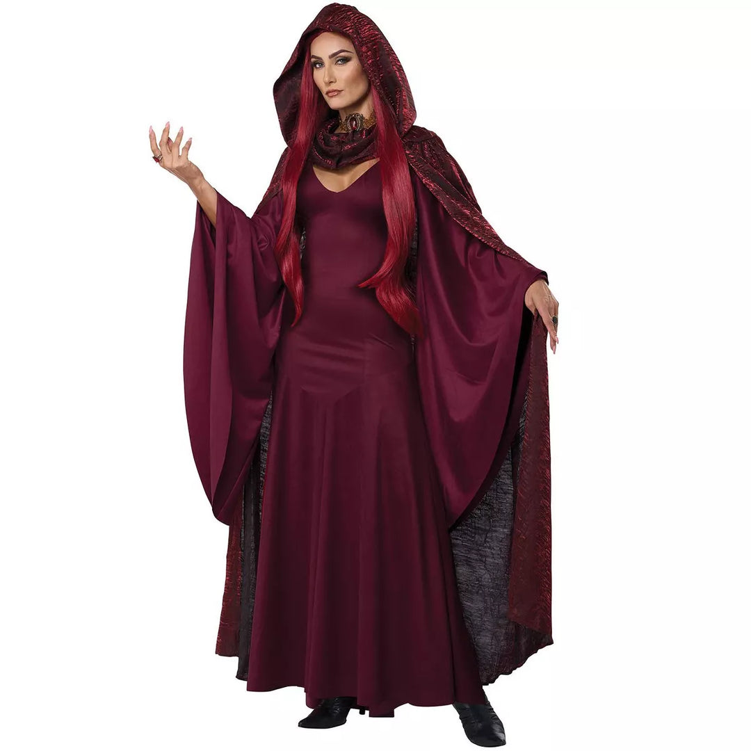 The Red Witch Women's Costume featuring a long flowing red dress with intricate lace details and a matching pointed hat