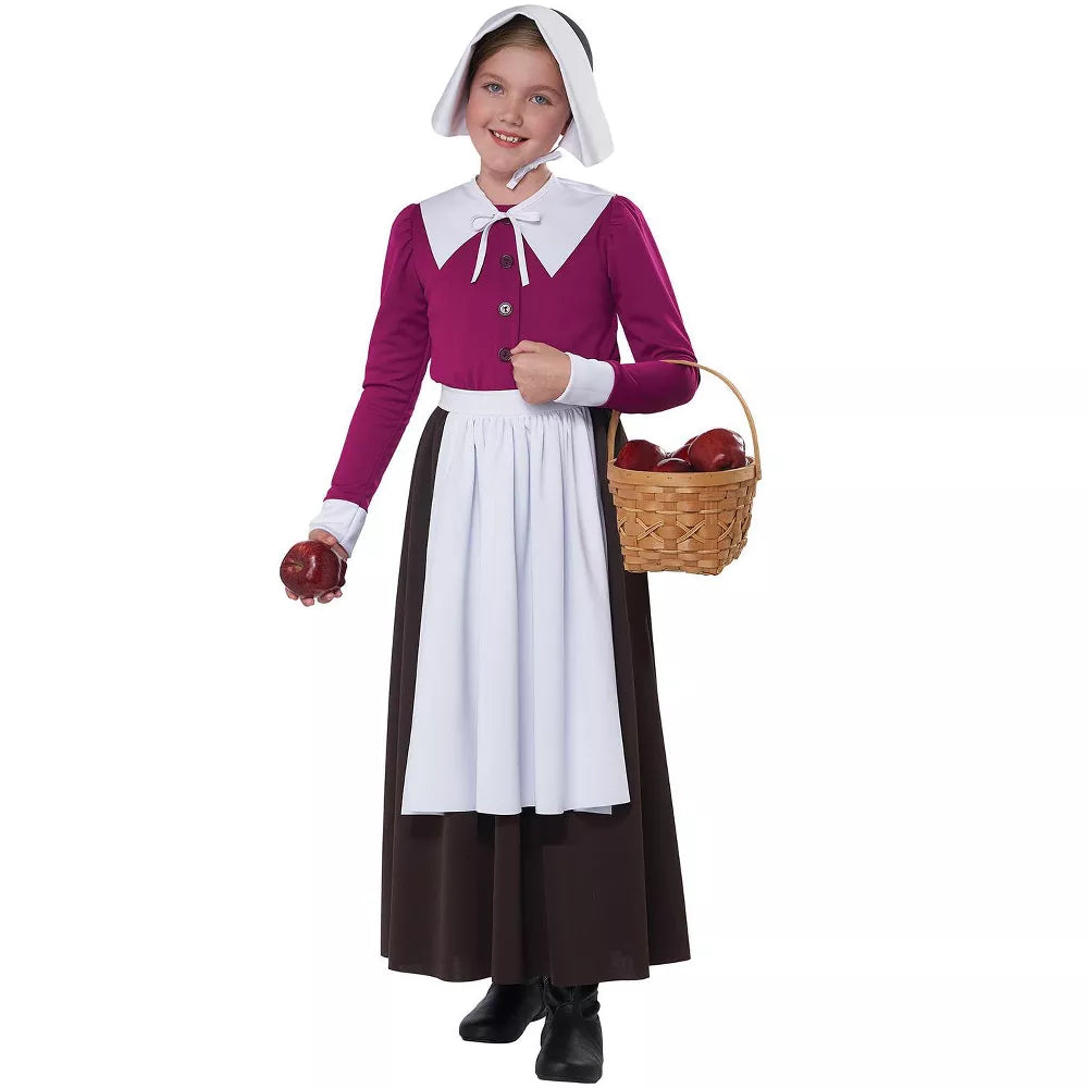 Mayflower Pilgrim Girl Child Costume with Black Dress and White Apron