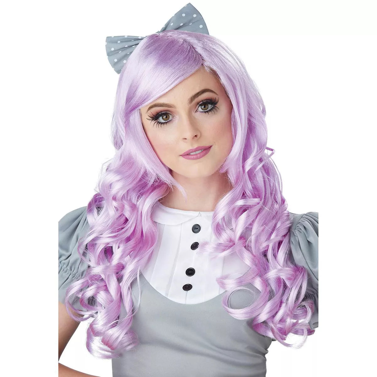 Long wavy lavender wig with bangs, perfect for adult cosplay costumes