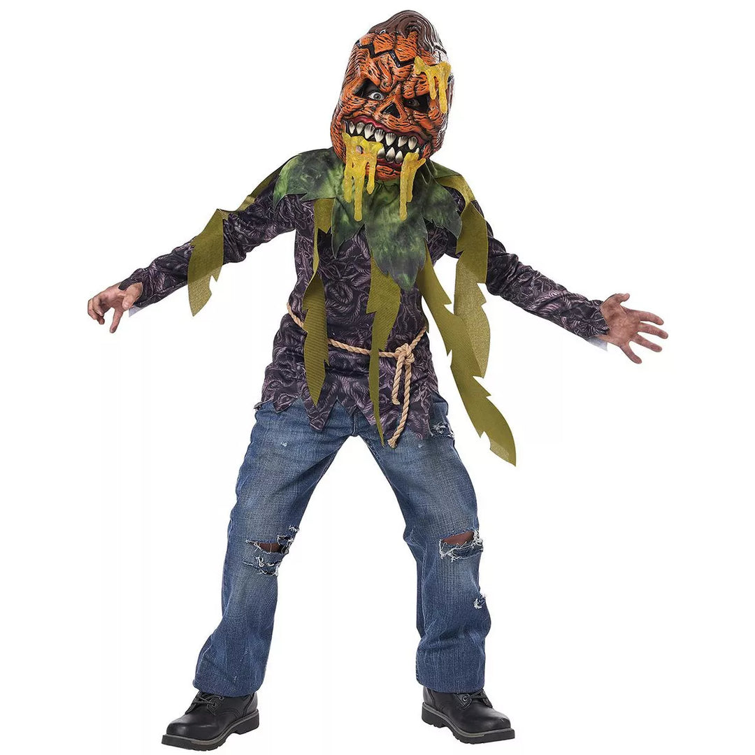 A spooky and tattered Rotten Pumpkin Child Costume for Halloween festivities