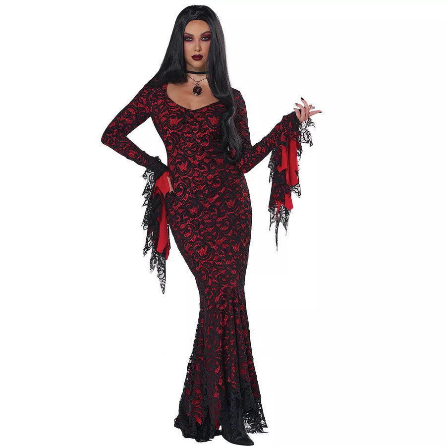 Black lace vampire dress adult costume with red satin lining and dramatic collar