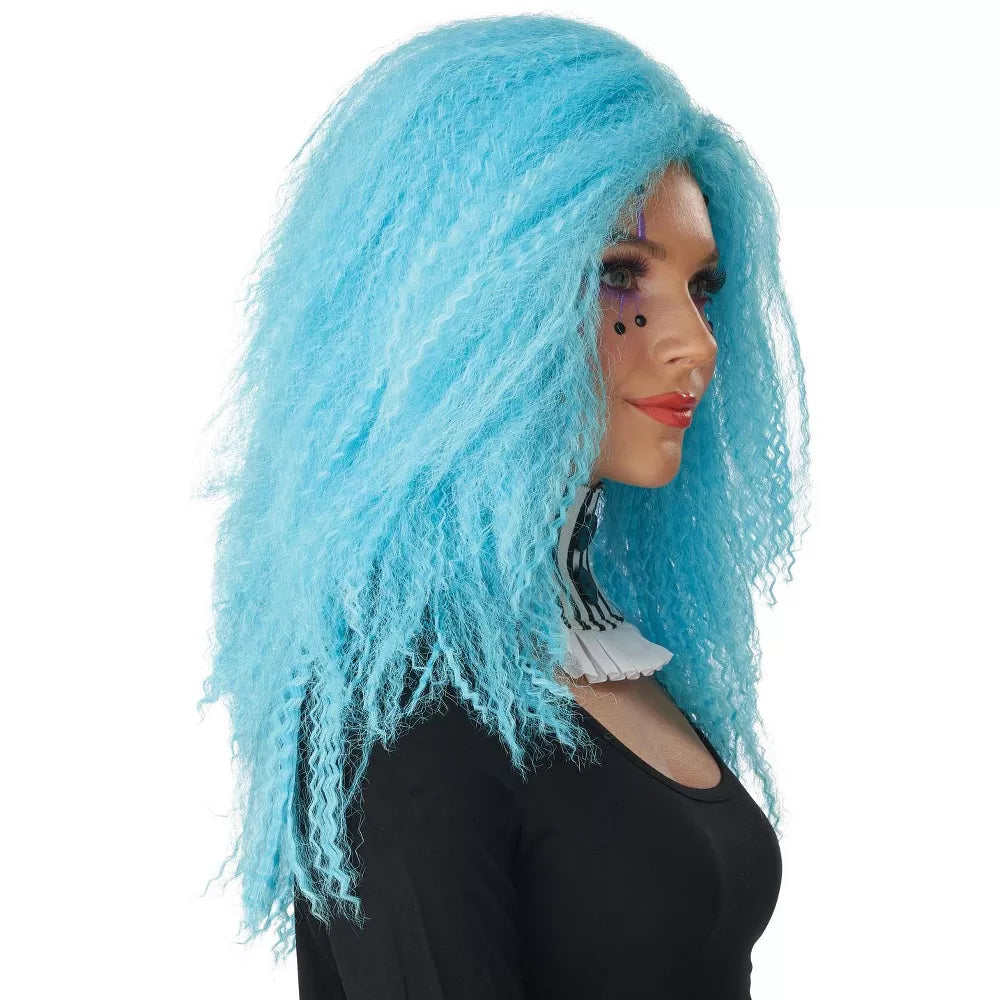 Bright Blue Wig with Crimped Texture and Flirty Waves