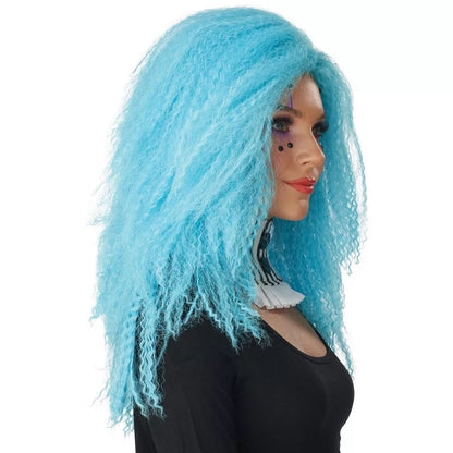 Bright Blue Wig with Crimped Texture and Flirty Waves