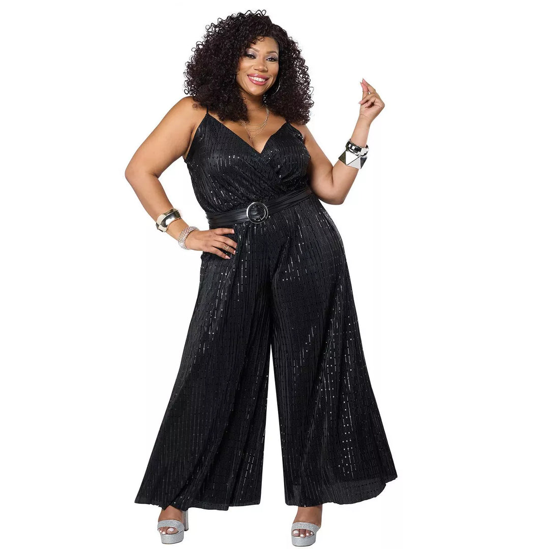 Let's Dance Disco Jumpsuit Plus Size Women's Costume in vibrant colors and sparkling sequins, perfect for a fun-filled night of dancing at any disco-themed event