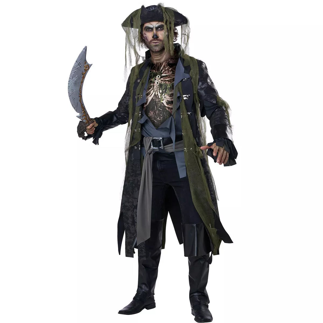 Alt text: Barnacle Bill the Undead Pirate Adult Costume featuring tattered pirate attire, hat, eyepatch, and skeletal hands for Halloween