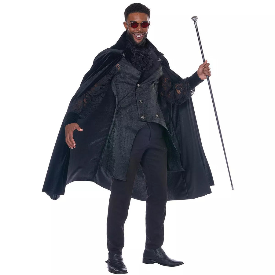 Black and red dashing vampire adult costume with cape and fangs