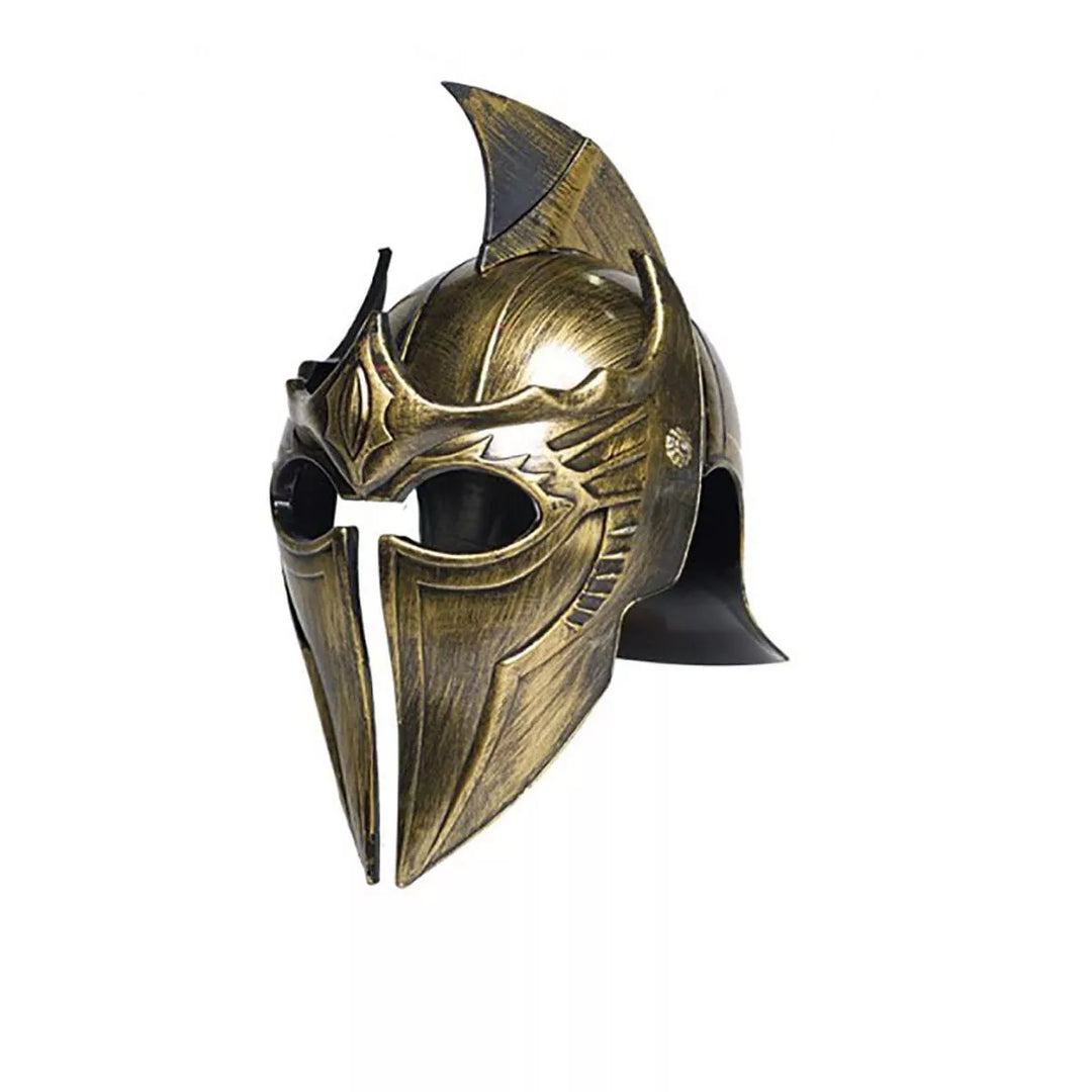 Replica gold gladiator helmet with a pointed top crest and intricate design