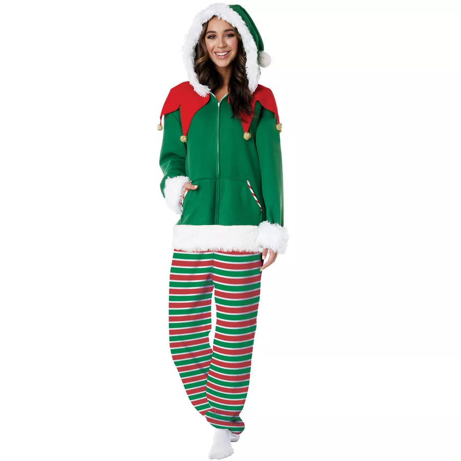 Elf Fleece Jumpsuit Adult Costume in Green with Red and White Trim