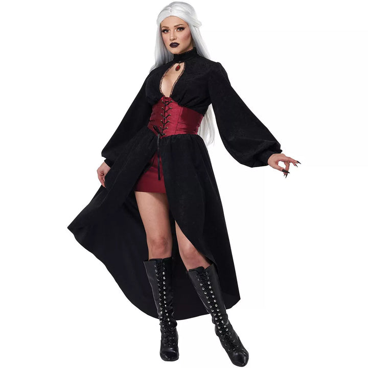 Vampire Corset Coat Women's Costume in Black and Red with Lace-Up Detail and Flared Sleeves