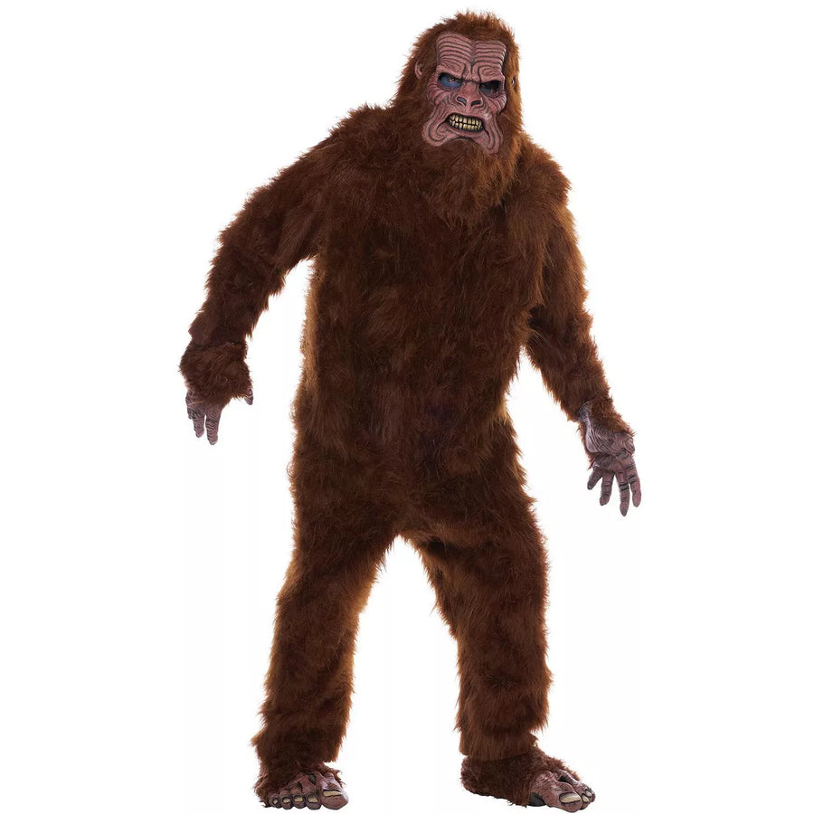 Alt text: Deluxe Big Foot Adult Costume, a hairy brown full-body suit with large feet and realistic details, perfect for Halloween or costume parties