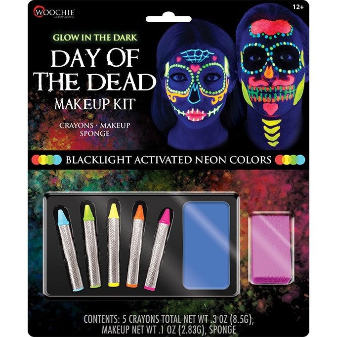 Vibrant and colorful Glow in the Dark Day of the Dead Makeup Kit for face painting and Halloween costume looks