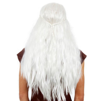 Dragon Queen Wig – Long White Wavy with Braid Detail