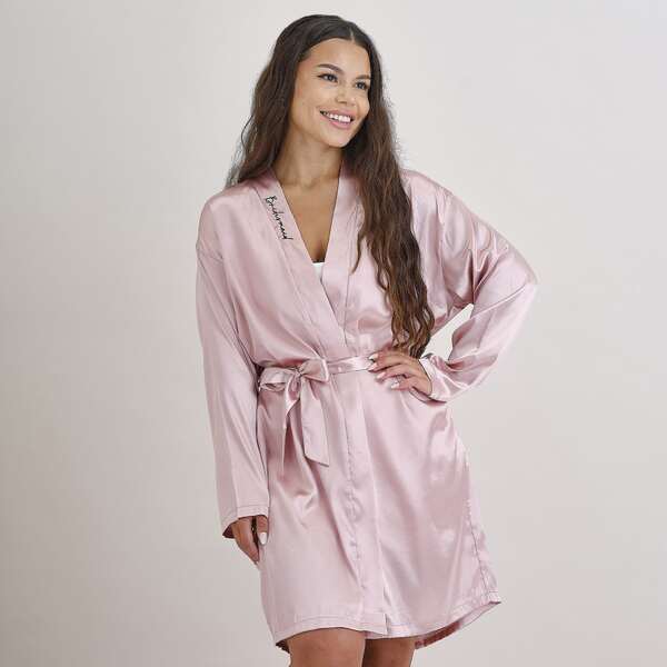 Long pink satin dressing gown with 'Bridesmaid' embroidery for hens party