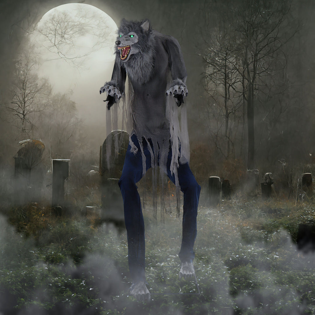 A spooky 7-foot tall motion-activated towering werewolf Halloween decoration