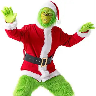 An elaborate and festive Cosplay Grinch Santa Costume for the 2022 holiday season