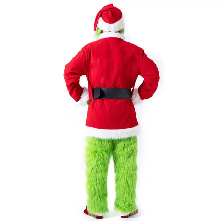 Adult Grinch Santa Costume with mask, gloves, and Santa boots