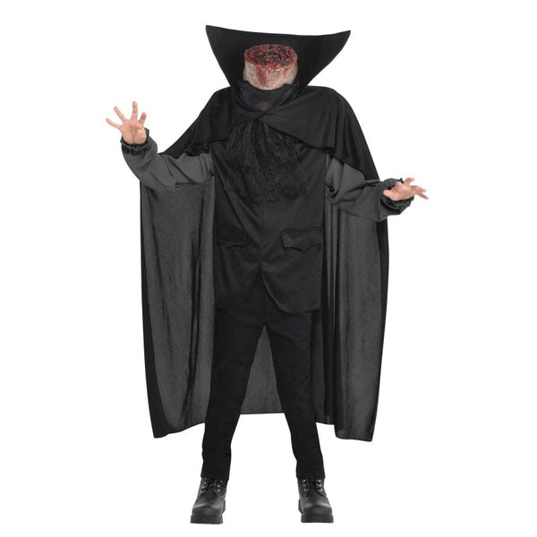 Child wearing a spooky Headless Horseman Halloween costume with black cape and pumpkin head mask