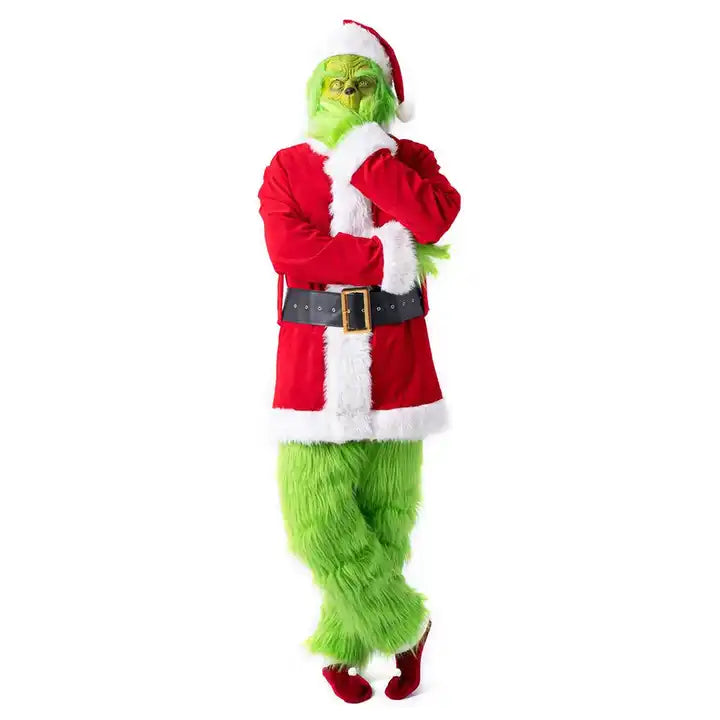 Cosplay Grinch Santa Costume with green furry suit and red hat