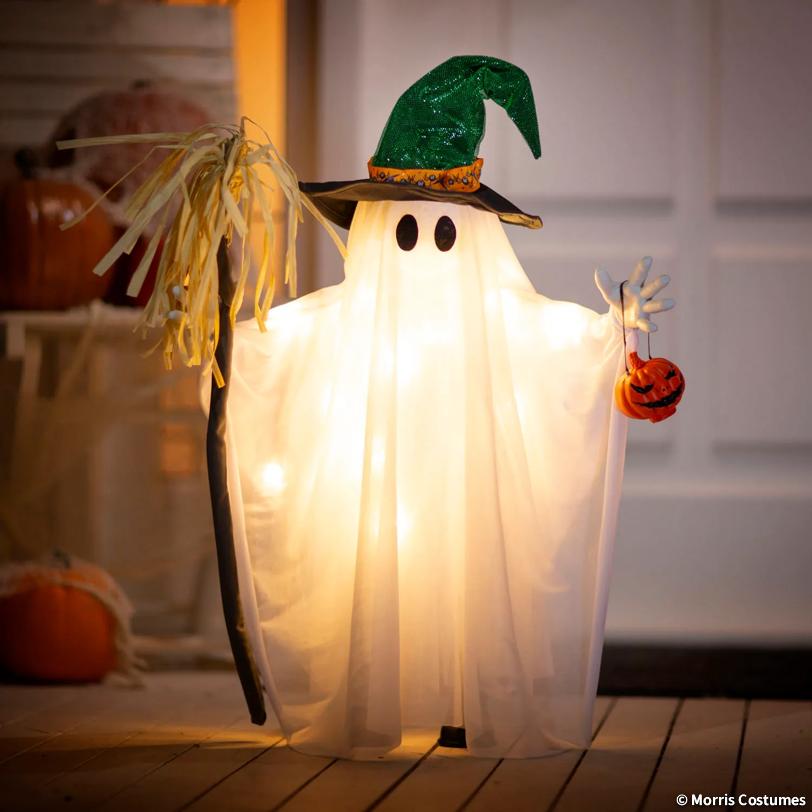 Light-Up Ghost with Witch Hat & Broom Standing Decoration - 2 ft