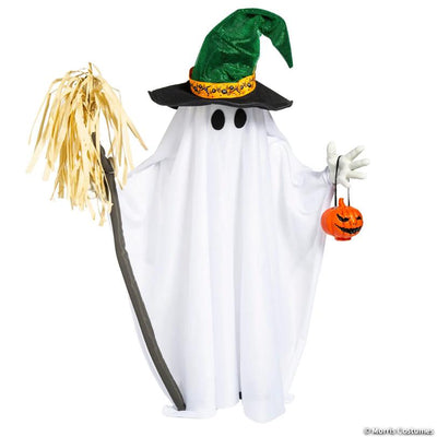 Light-Up Ghost with Witch Hat & Broom Standing Decoration - 2 ft