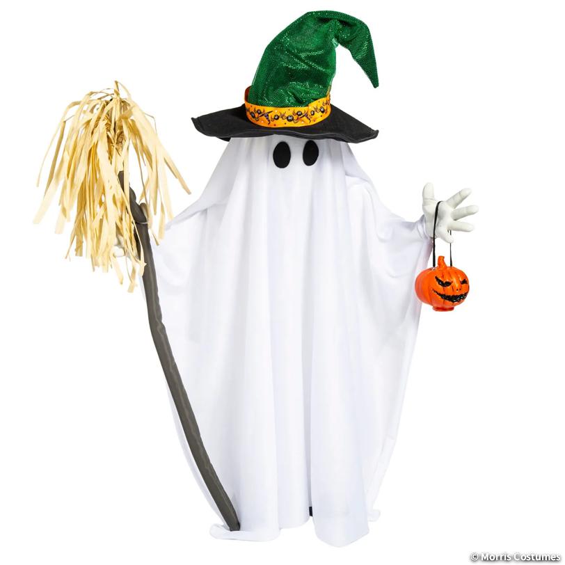Light-Up Ghost with Witch Hat & Broom Standing Decoration - 2 ft