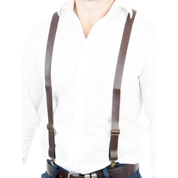 Image of stylish adult brown leather look braces, perfect for adding a touch of sophistication to any outfit