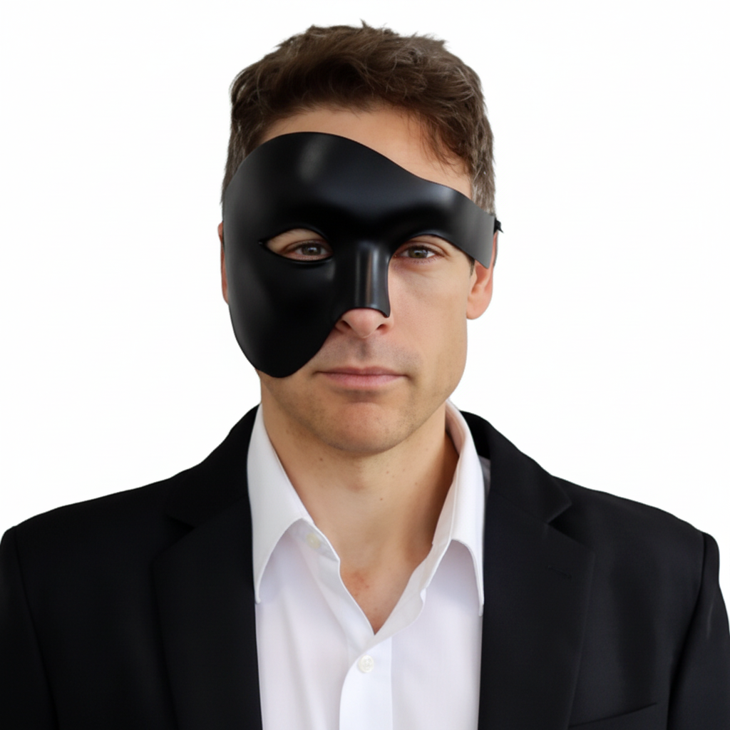 A man wearing a black satin masquerade mask over one eye, dressed in a black suit jacket and white collared shirt, photographed against a solid white background.