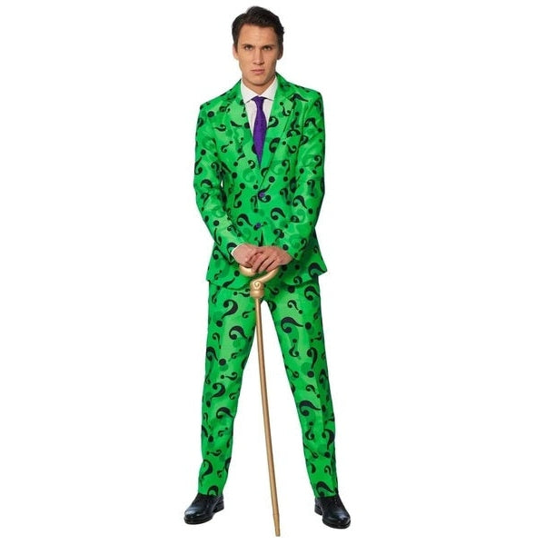 The Riddler Villain Suit Costume in Green with Question Mark Print and Hat