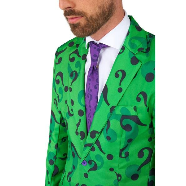 The Riddler Villain Suit Costume featuring green jacket, matching pants, question mark printed tie