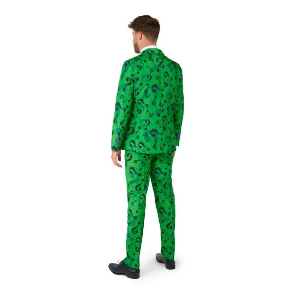 The Riddler Villain Suit Costume with Green Jacket, Question Mark Print, and Matching Pants for Halloween or Comic-Con Cosplay