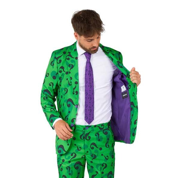 The Riddler villain suit costume, inspired by the iconic DC Comics character, features a green blazer, purple shirt, tie, and question mark-printed pants