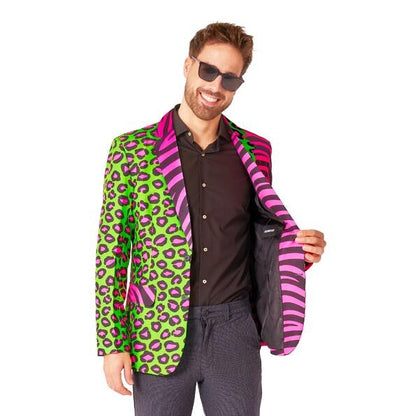 Men's costume blazer in vibrant neon colors with animal print