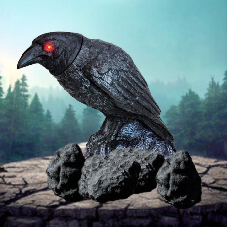 A realistic raven replica with its head turning and making sound