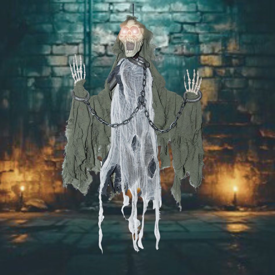 Creepy and life-sized 36 Animated Reaper In Chains Halloween prop