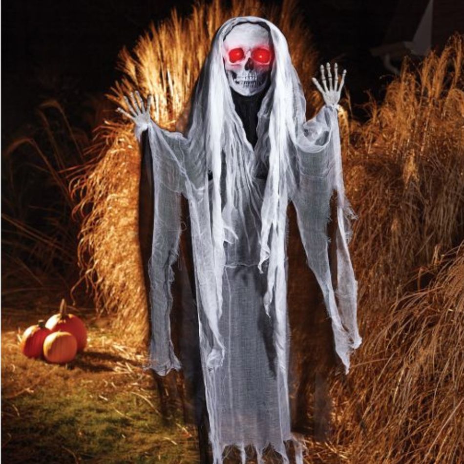 48 Moanin', Movin' Reaper product image showing a spooky and realistic reaper figurine with moving parts and sound effects for Halloween decoration and entertainment