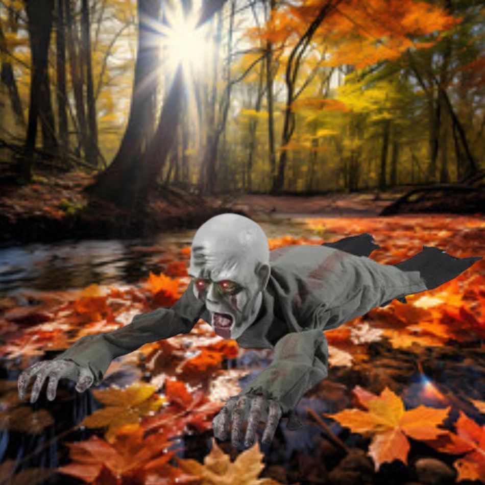 A spooky animated crawling zombie prop for Halloween decorations and events