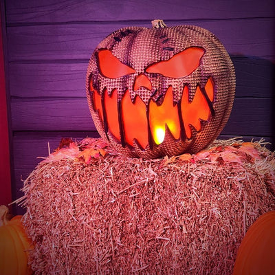 Handcrafted 14 inch burlap pumpkin with a unique flaming design