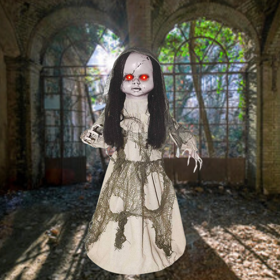 Alt text: A spooky and captivating image of the Dancing Ghost Girl product, featuring a girl in a ghost costume dancing with a playful and mischievous expression
