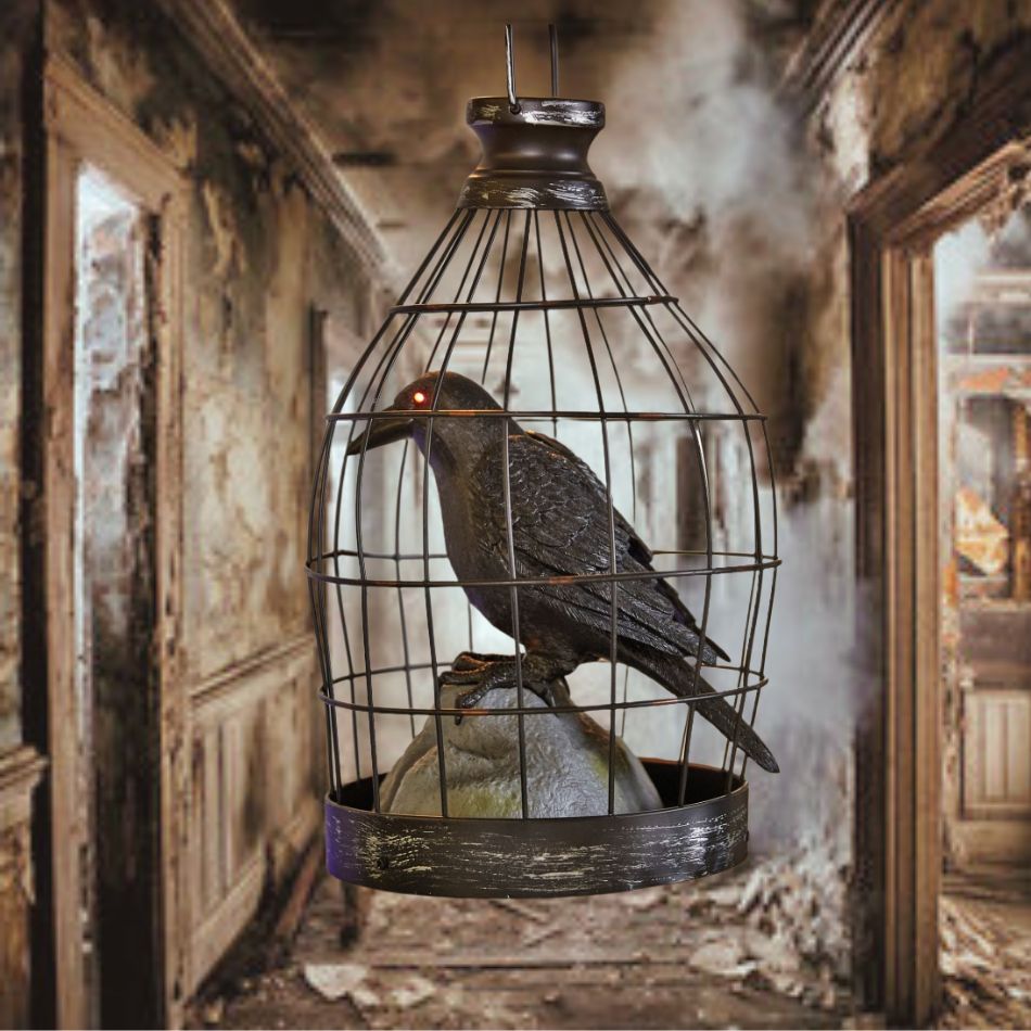 A realistic-looking animated crow in a cage with lifelike movements