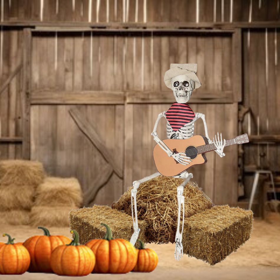 A spooky and fun guitar playing skeleton decoration for Halloween