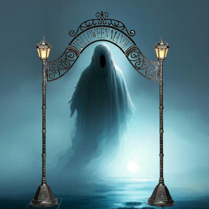 Large haunted house archway with intricate details and glowing lights for Halloween