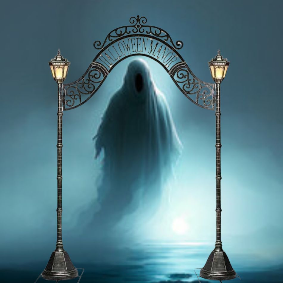 Large haunted house archway with intricate details and glowing lights for Halloween