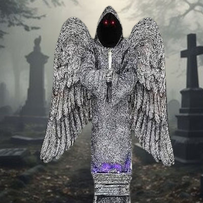  Spooky Halloween Decoration of 96 Cemetery Angel Animated Prop in Grey Stone Finish