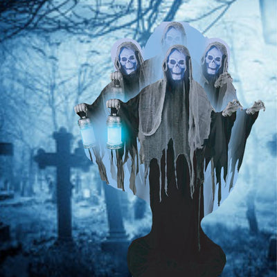 Halloween decoration of animated ghost reaper with haunting expression and skeleton hands