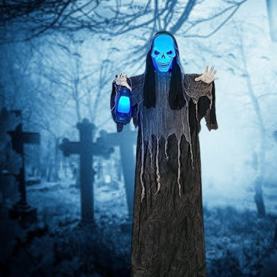 Animated Ghost Reaper with glowing eyes and flowing cloak in the dark night