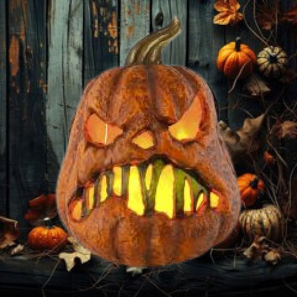 Rotten flaming pumpkin with timer and spooky design for Halloween decor